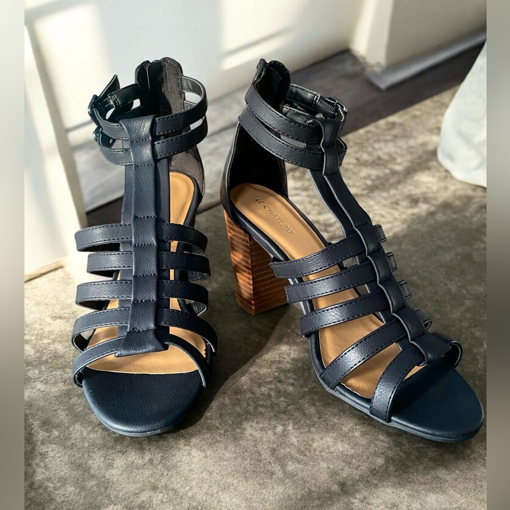 Le Chateau Black Leather Strappy Block Heels. Size 38